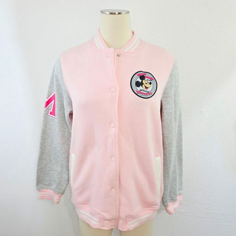 Disney 100 Mickey Mouse Club Letterman Jacket pink gray fleece size small